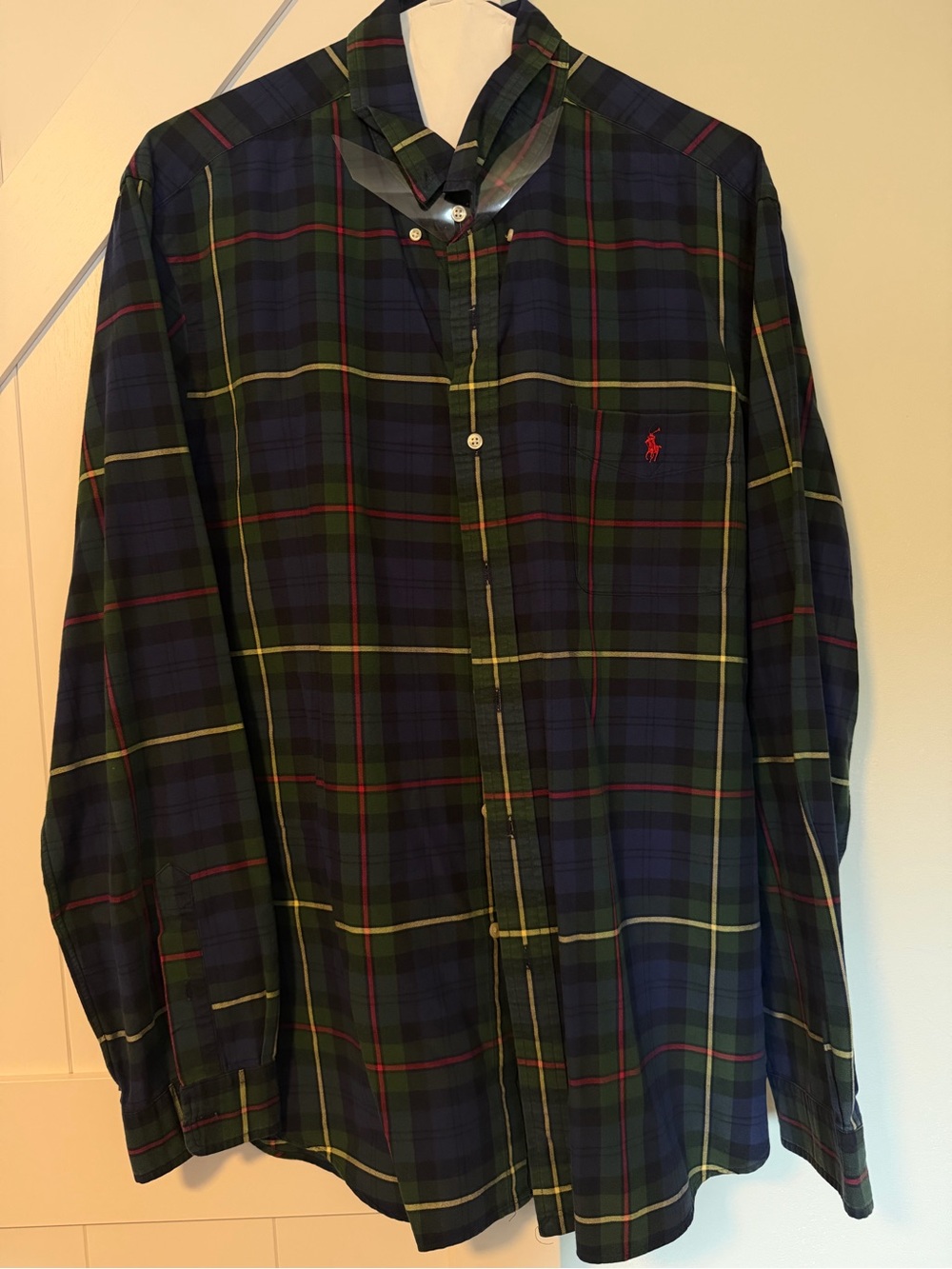 Ralph Lauren Green Navy Plaid Button-Down Shirt with Red Accent